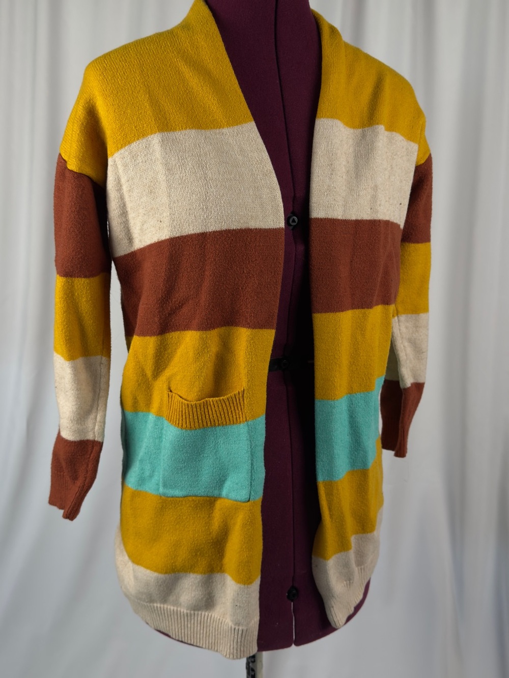 Striped Open-Front Cardigan Sweater in Mustard, Rust, Cream & Teal